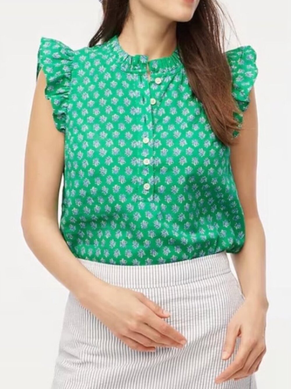 J.Crew Ruffle Blouse XXL Green Block Print Sleeveless Cotton